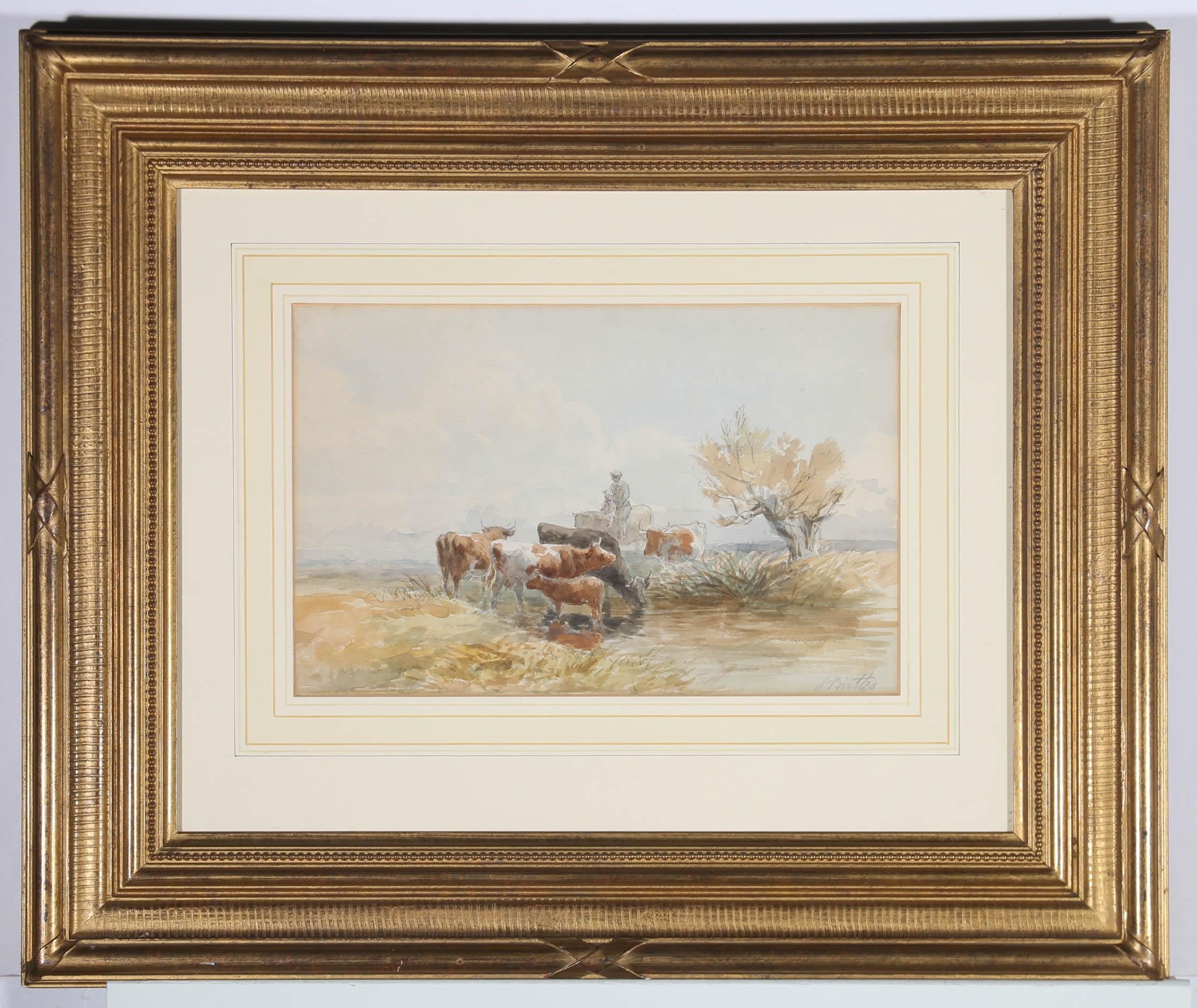 Attrib. Henry Birtles RA (1838-1907) - Framed Watercolour, Figures & Cattle For Sale 2