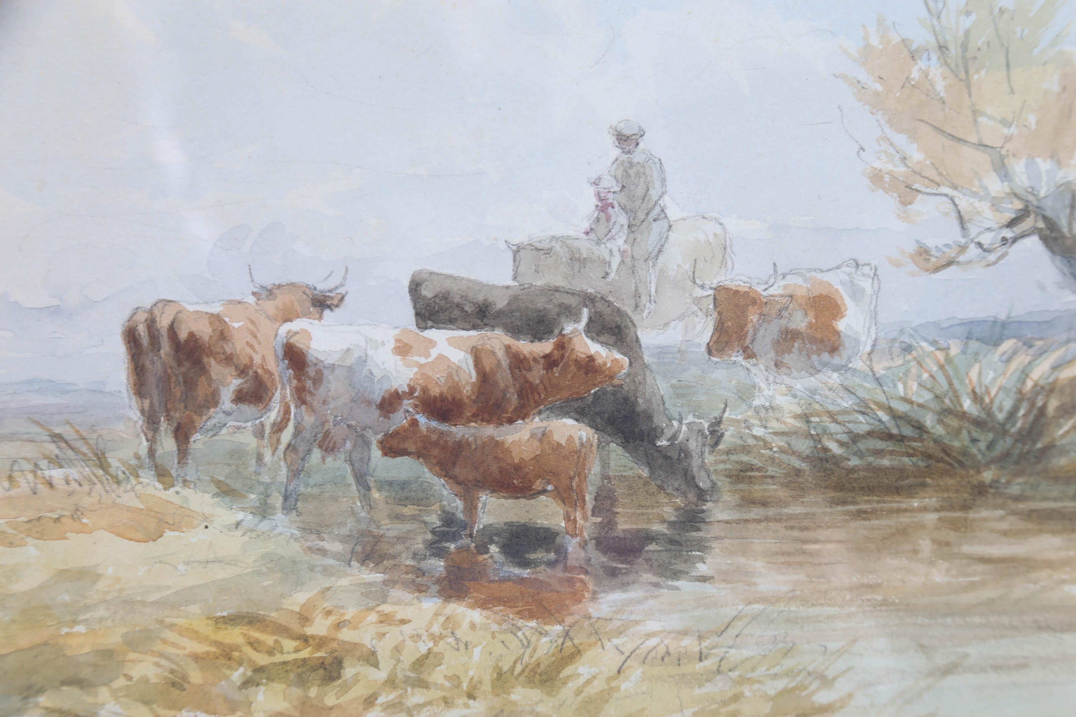 Attrib. Henry Birtles RA (1838-1907) - Framed Watercolour, Figures & Cattle For Sale 4