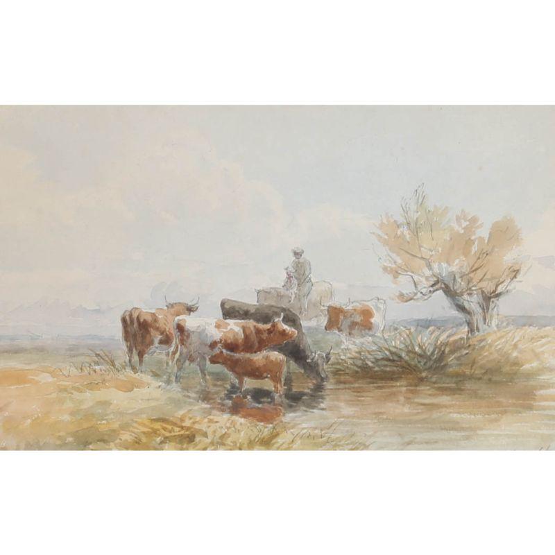 Attribut. Henry Birtles RA (1838-1907) – gerahmtes Aquarell, Figuren und Rinder im Angebot 1