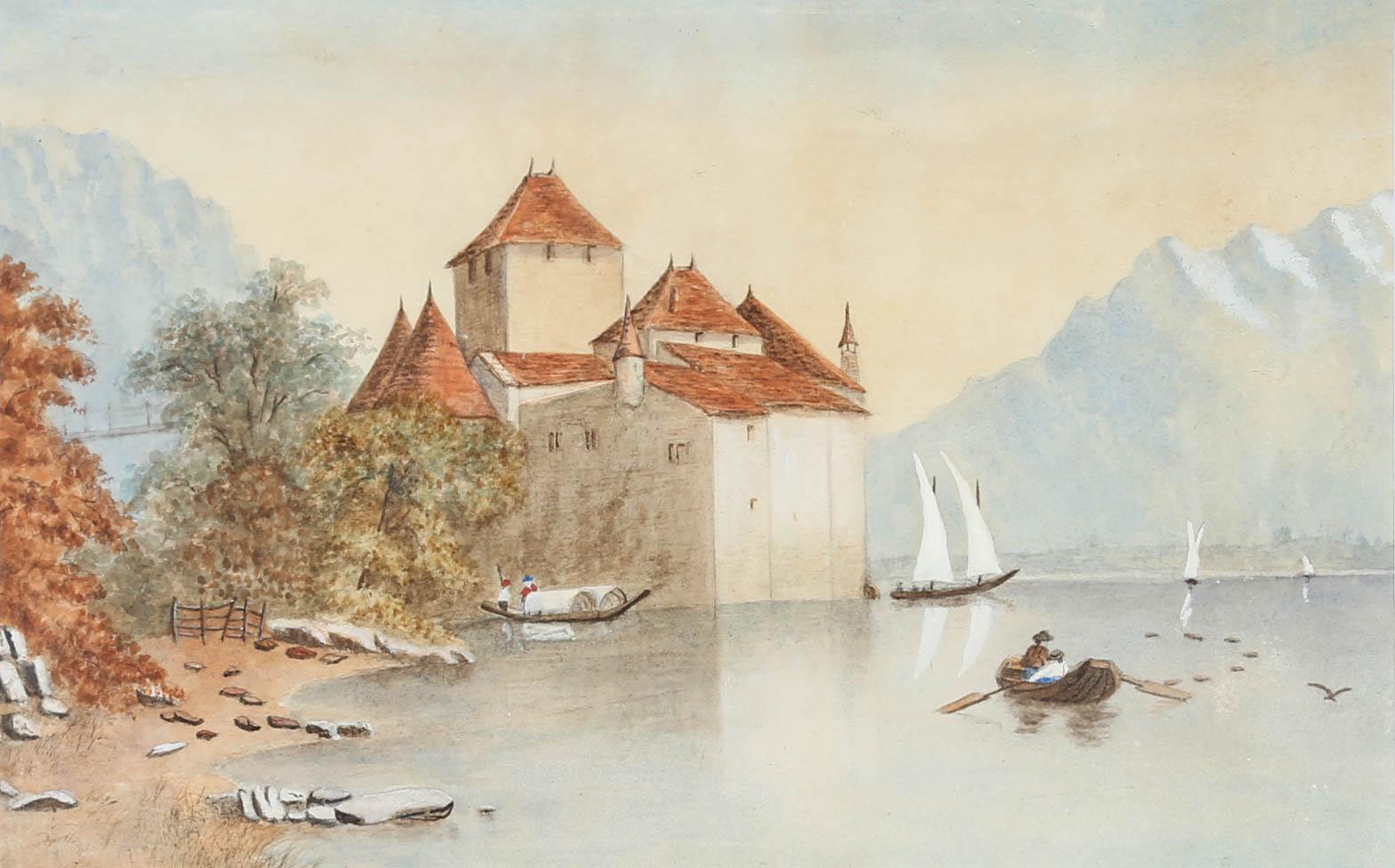 A fine late 19th watercolour depiction of the idyllic Chillon Castle on Lake Geneva. The painting is unsigned and handsomely presented in a 19th Century gilt frame with ornate floral corners and beaded strap work, finished with a card mount. On wove.