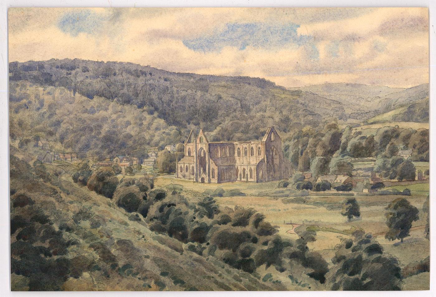 A fine topographical view of Tintern Abbey and the surrounding landscape. The painting is unsigned, however the original frame it was removed from was signed by the artist's wife, G. Muriel Tucker. The painting's graphic line work over watercolour