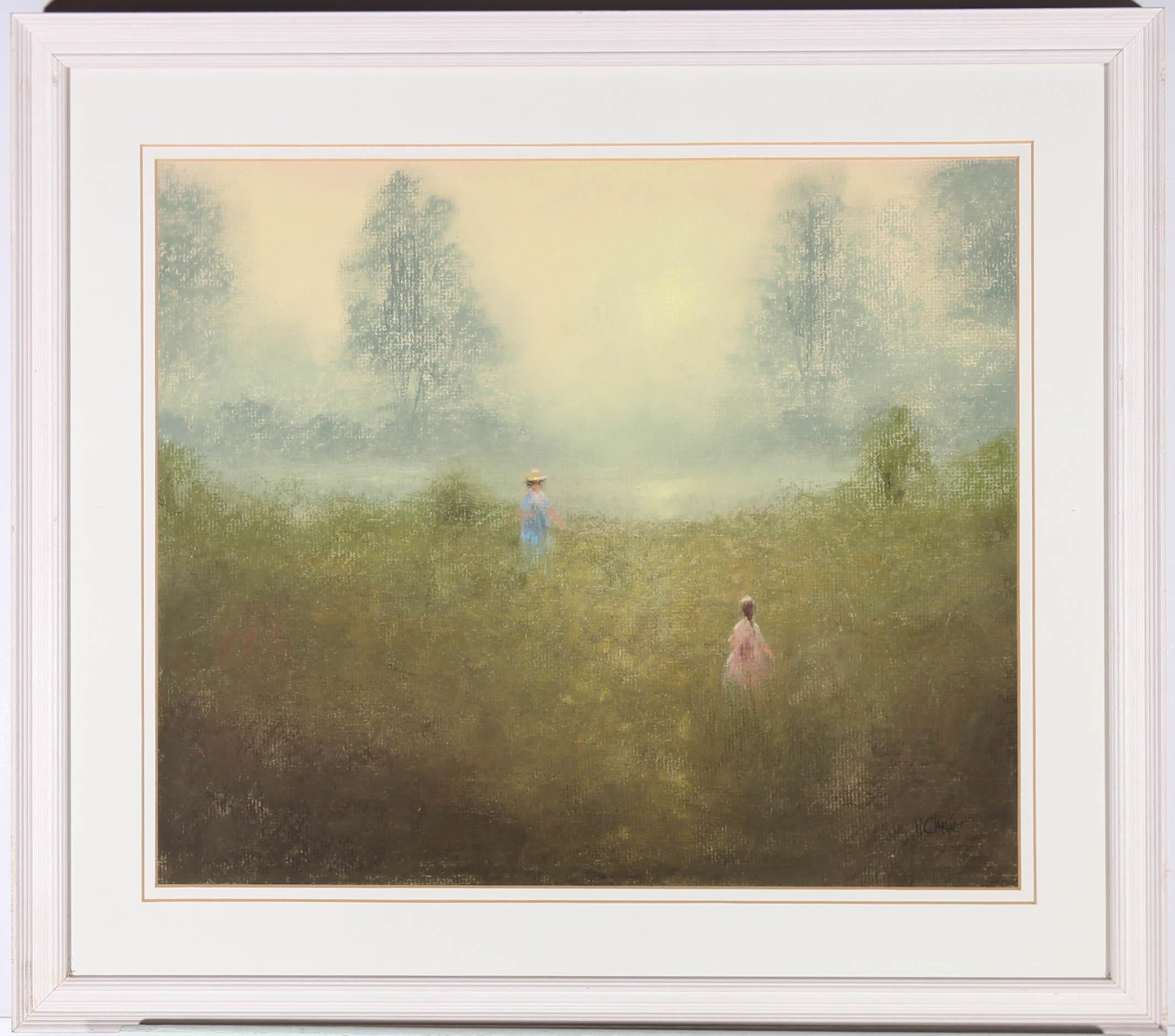A subtle pastel landscape depicting an overgrown grassy meadow at day break, with lingering low lying fog. The artist has signed to the lower right corner. The picture is well presented in a contemporary white frame and mount. Glazed. On textured