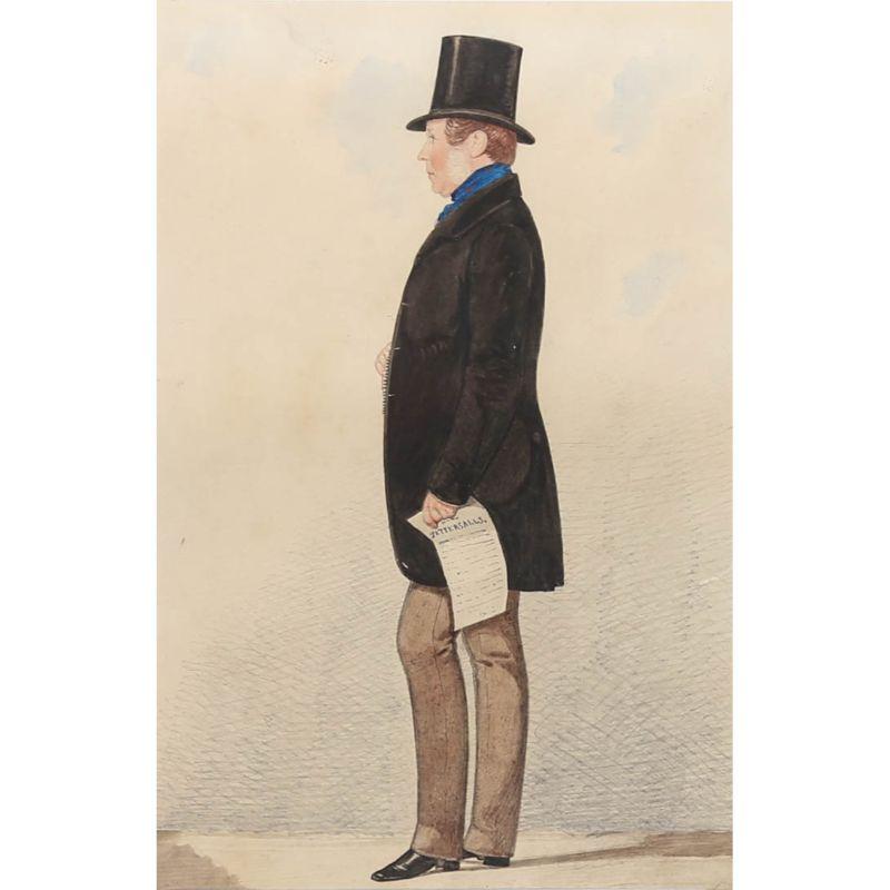 A charming study of a well dressed man in day wear. He wears a top hat and frock coat that is cut to a 1870's fashion. In his hand he holds a sheet a Tattersall paper showing his interest in horse racing. Painted in fine detail. Unsigned. Well