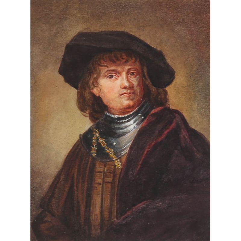 After Rembrandt - Framed Mid 19th Century Watercolour, Man with Gorget & Beret For Sale 1