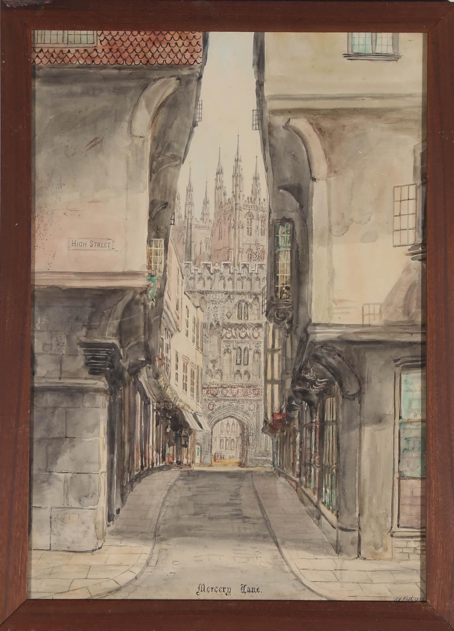 Ein Originalaquarell des Künstlers S. J. "Toby" Nash (1891-1960) aus dem Jahr 1936, das die Mercery Lane in Canterbury, Kent, darstellt. Diese komplizierte architektonische Komposition zeigt die weltberühmte Kathedrale der Stadt, eine UNESCO-Stätte,