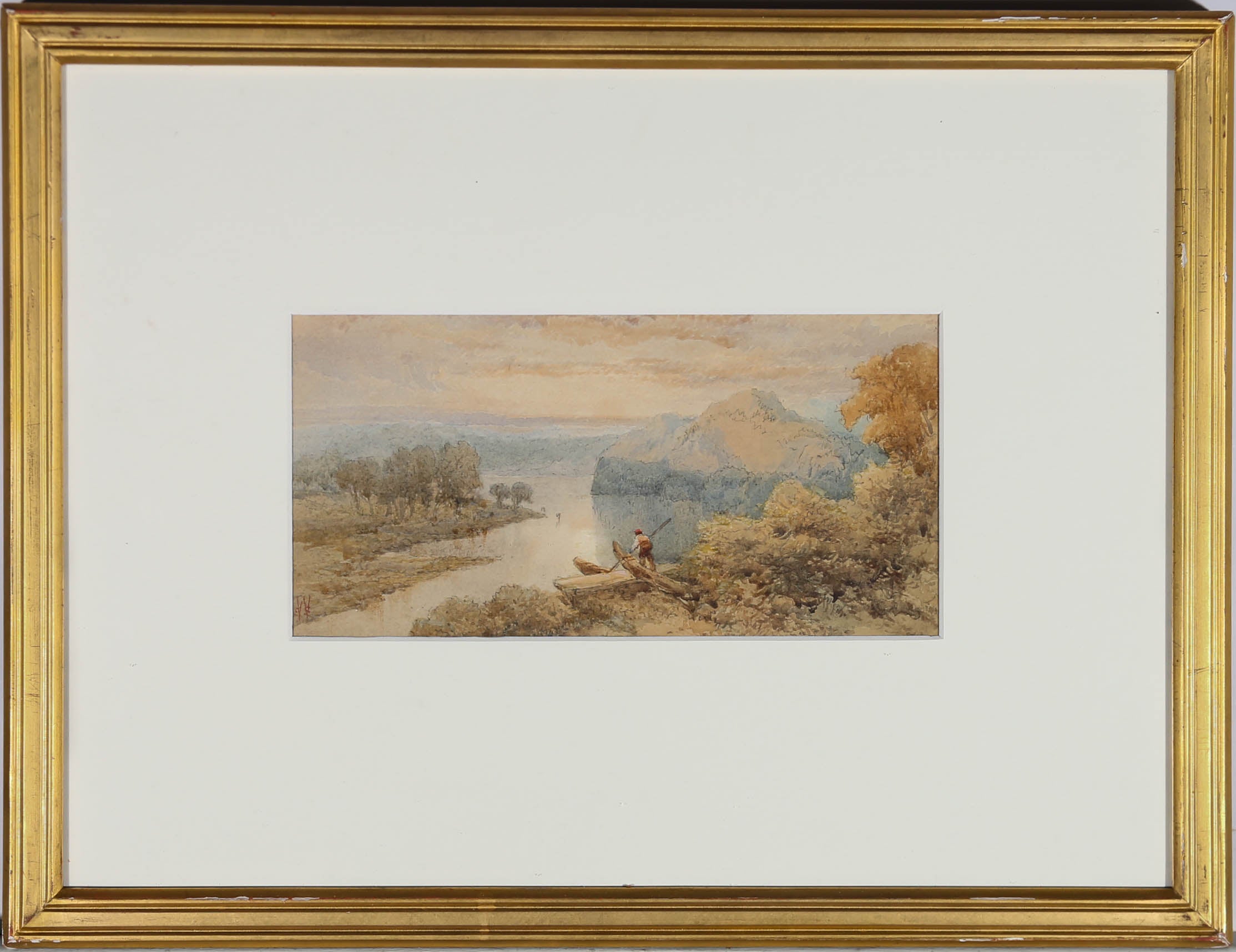 Ein schönes Beispiel für ein Aquarell aus der Mitte des 19. Jahrhunderts, das eine weite Flusslandschaft in der Morgendämmerung zeigt. Ein Mann steht in seinem Boot im Vordergrund und sticht in das Sonnenlicht. Die Künstlerin fängt die sanfte