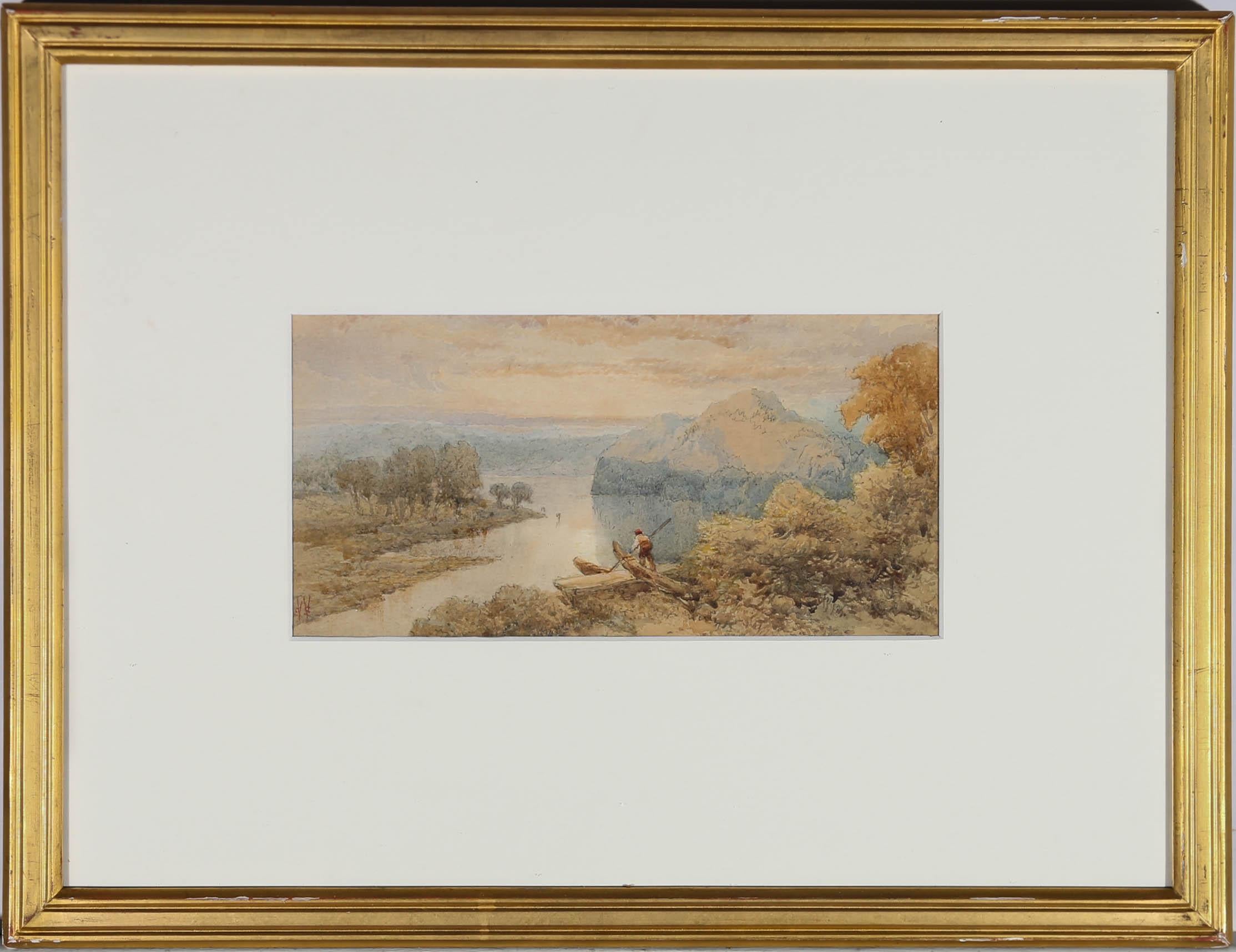 Un bel exemple d'aquarelle du milieu du XIXe siècle représentant un vaste paysage fluvial à l'aube. Un homme debout dans son bateau au premier plan, qui fait du bateau à rames dans la lumière du soleil. L'artiste capture l'atmosphère douce de la