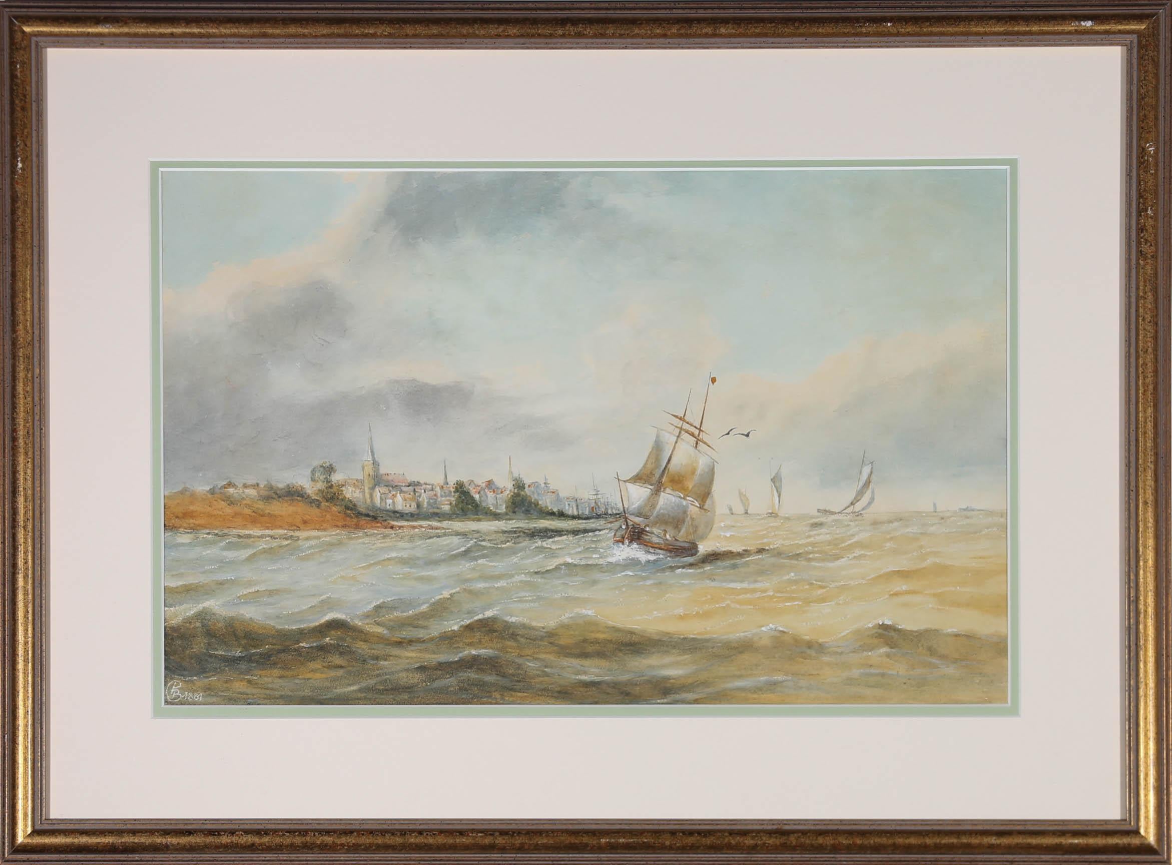 A charming late 19th Century nautical scene, showing boats returning to shore as storm clouds gather over a small coastal town in the distance. The artist has initialed and dated to the lower left corner and the painting has been presented in a 20th