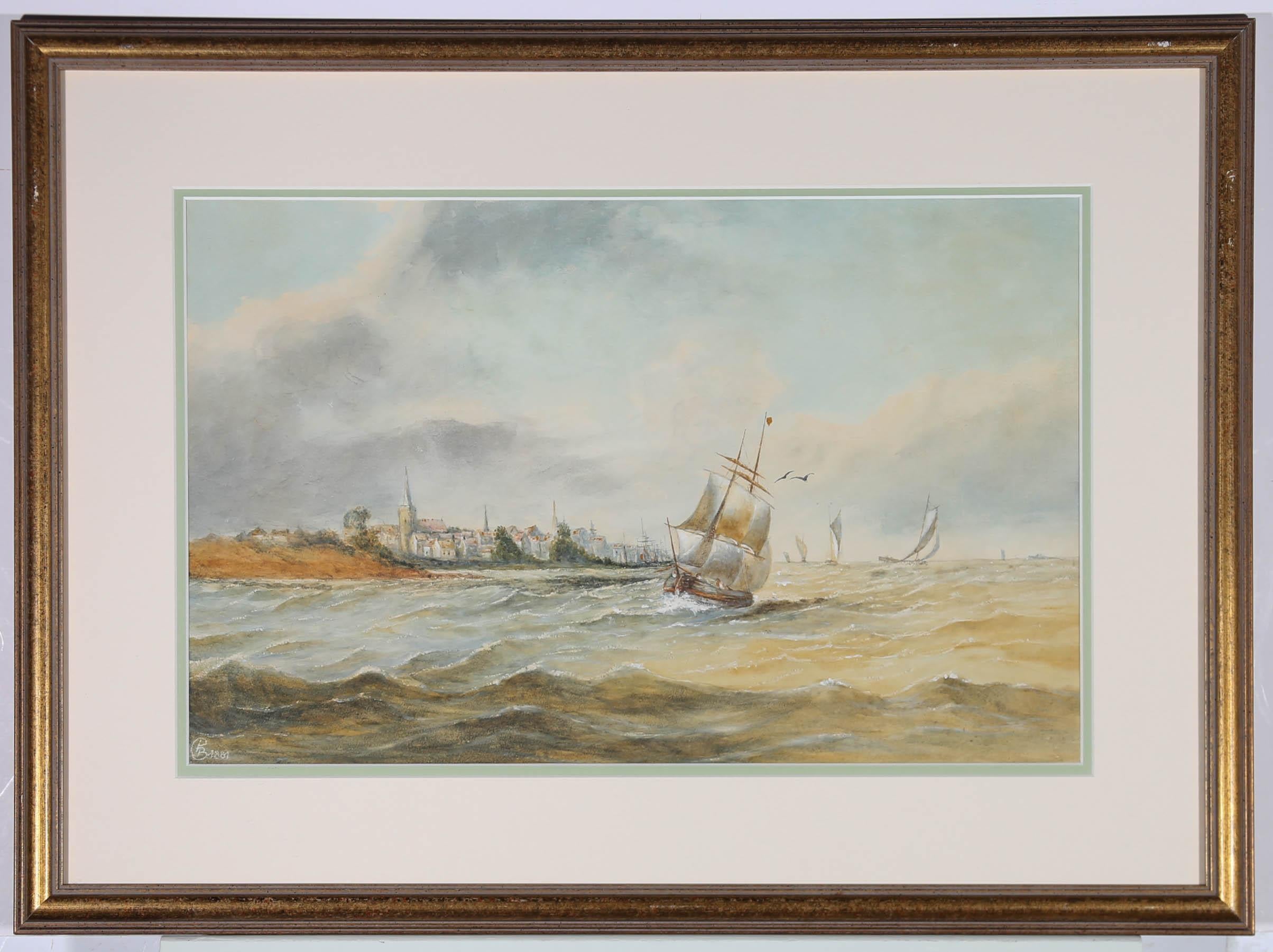 P. B - 1881 Watercolour, Boats Heading To Shore For Sale 2