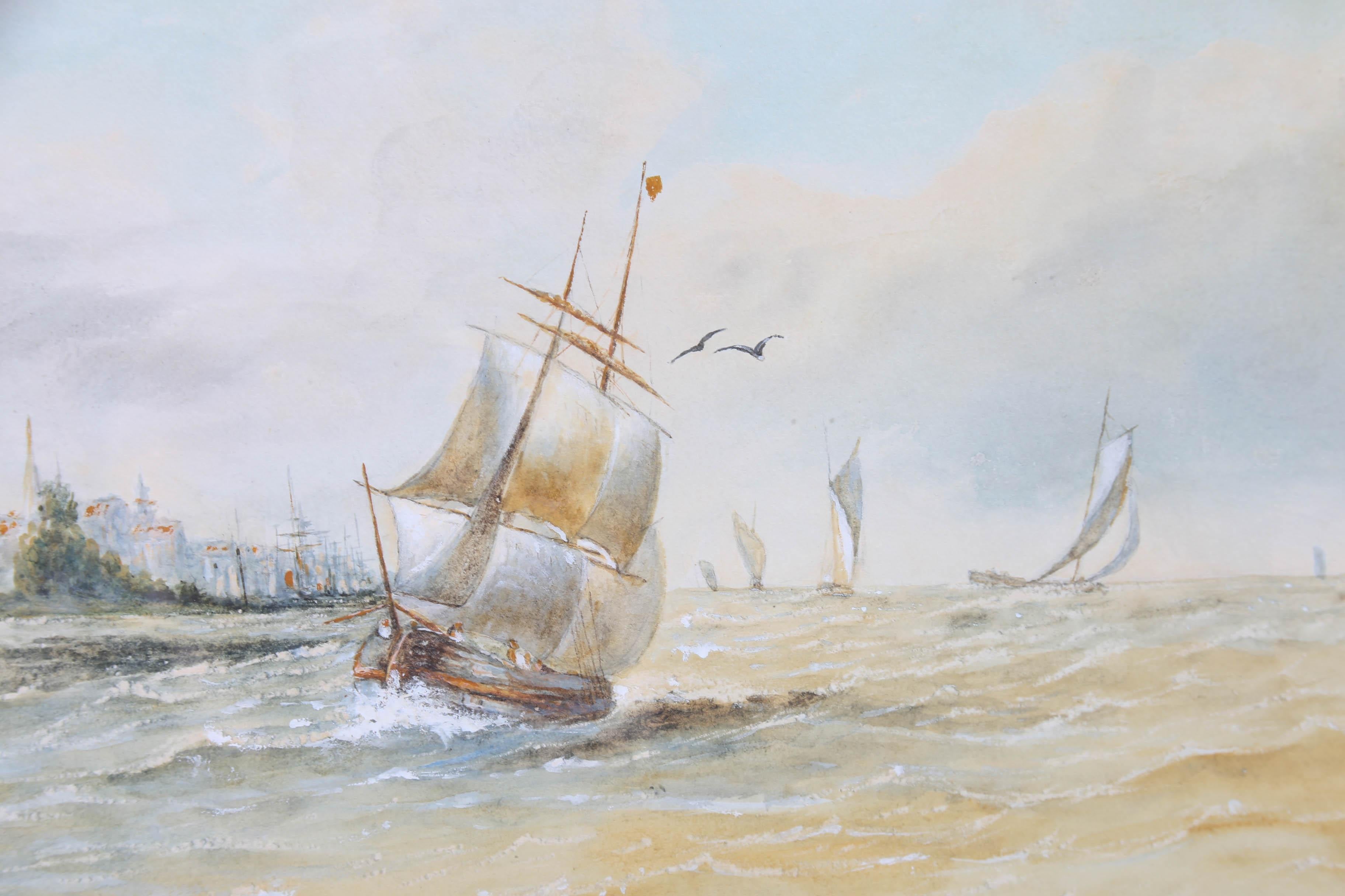 P. B - 1881 Watercolour, Boats Heading To Shore For Sale 4