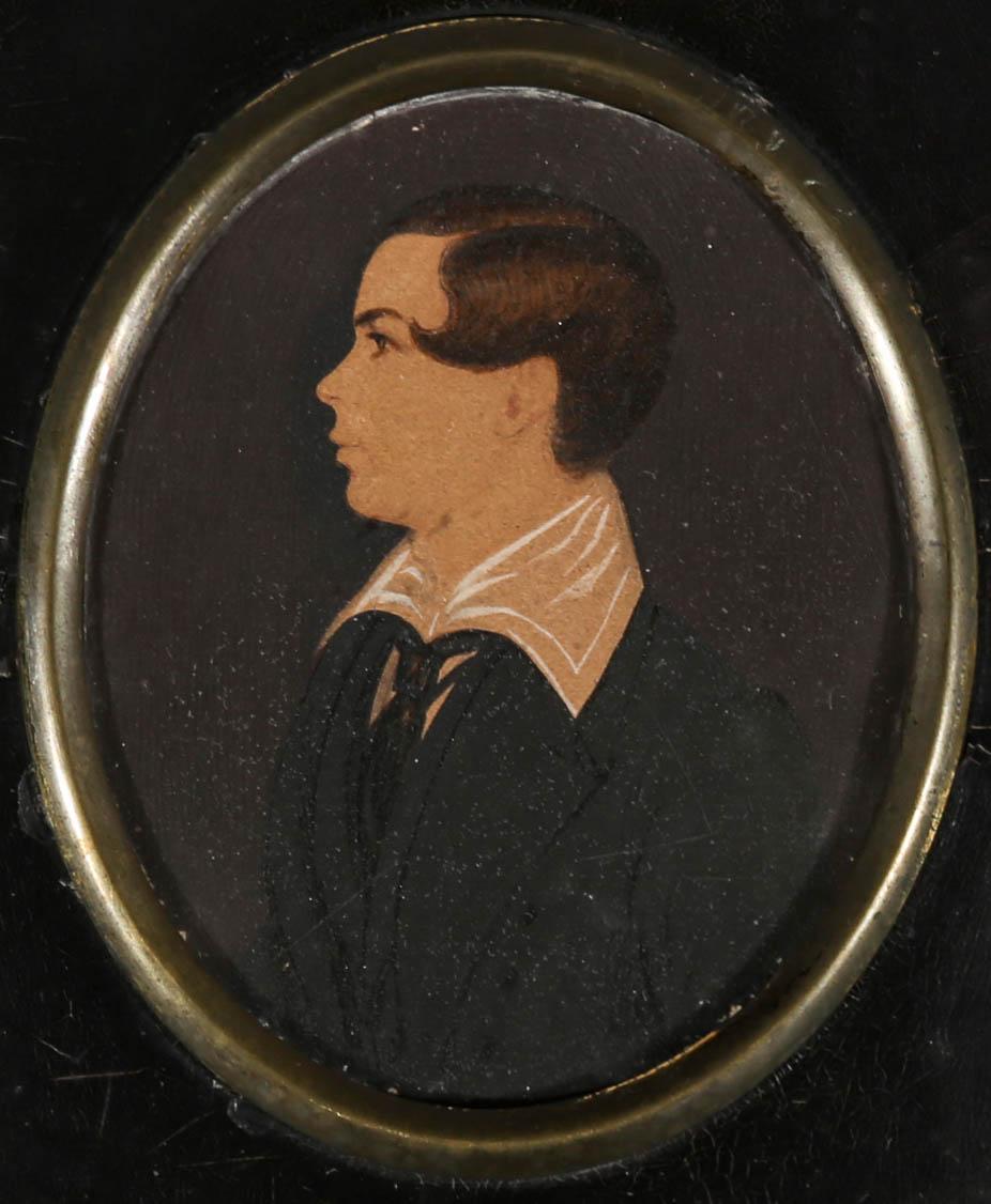 A fine early Victorian miniature watercolour portrait of a confident young man in his late teens, with neatly styled hair and crisp white collar. The artist has used gum arabic to pick out and give depth to areas of clothing and hair. The artist has