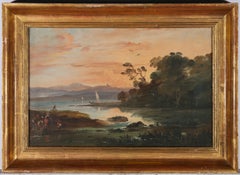 Framed Late 19th Century Gouache - Sunset on the Lake