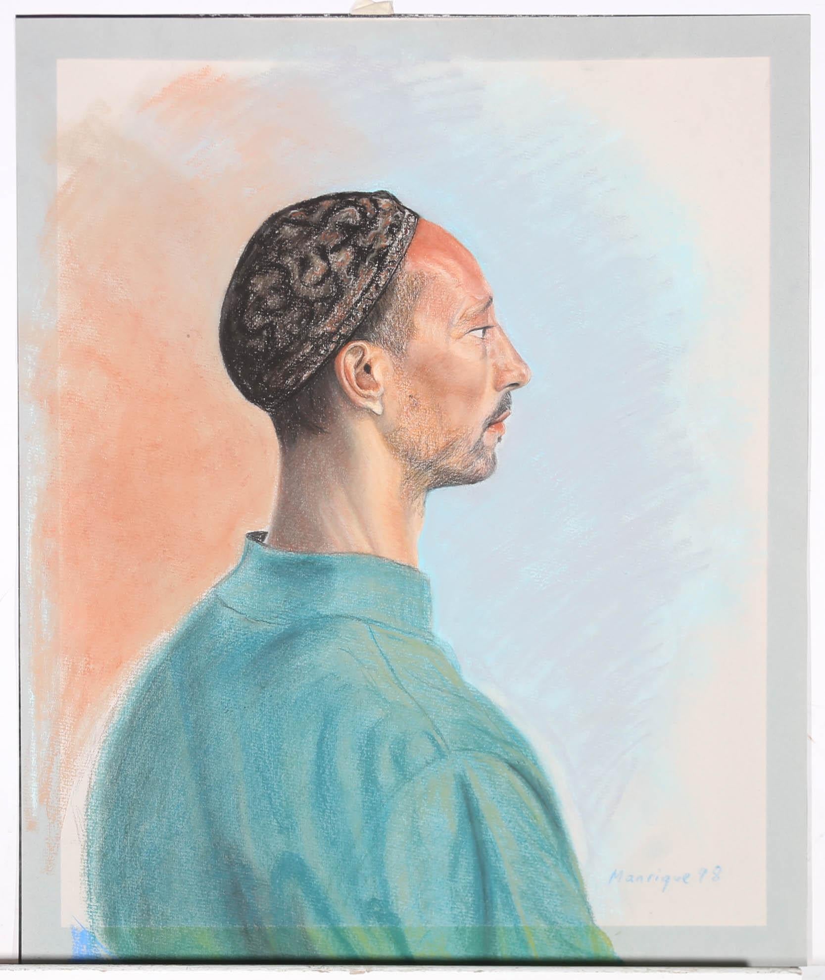 Pastellfarbener Manrique - 1998, Mann mit Kufi im Angebot 1