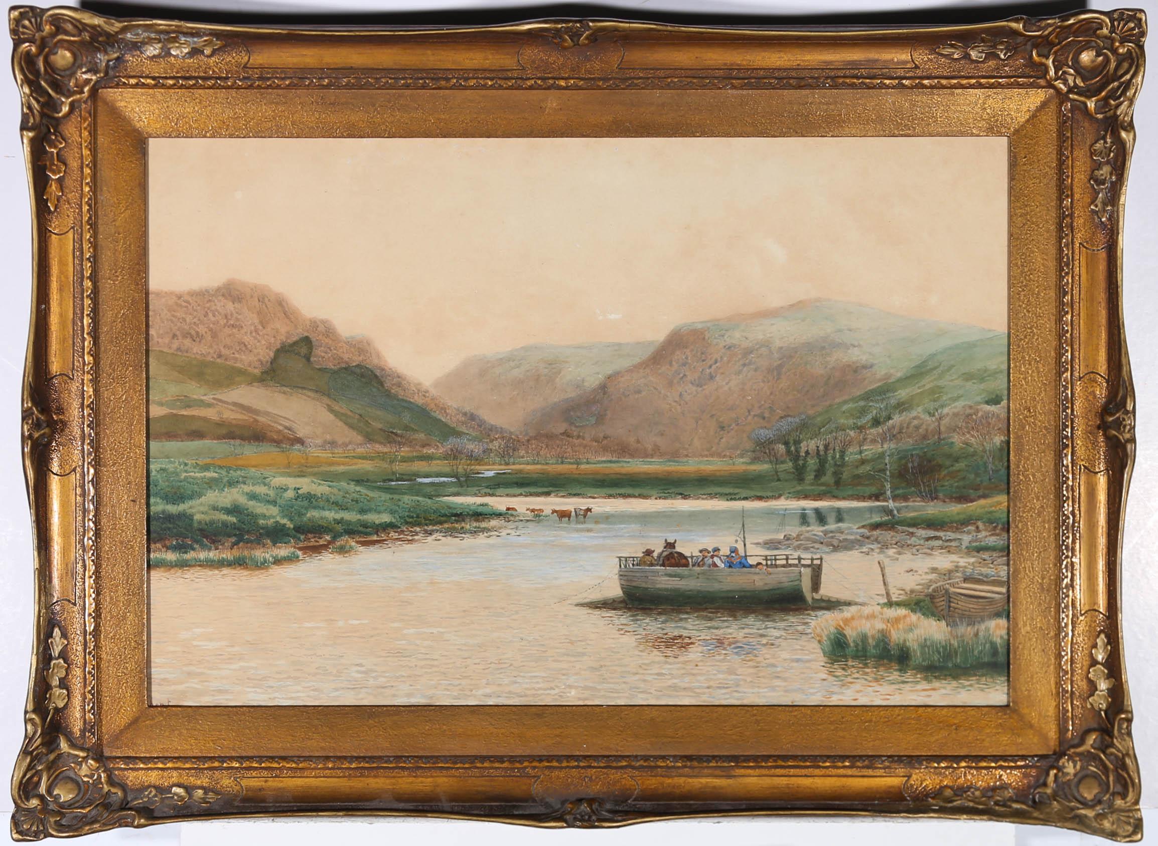 A charming late 19th Century watercolour landscape showing a chain ferry crossing a river in a highland landscape. The artist has signed to the lower left and the painting has been presented in a 20th Century gilt frame with swept rail and corners