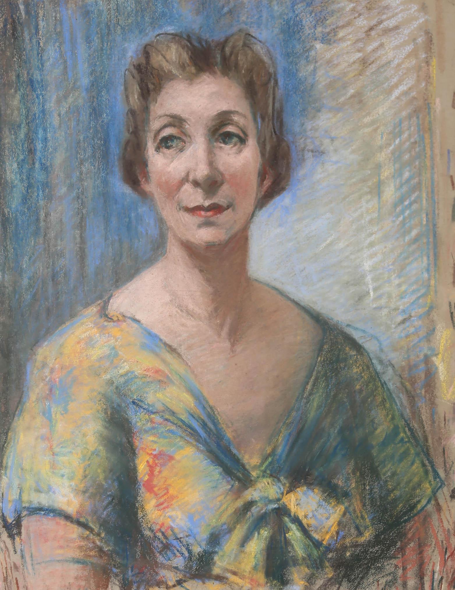A fine Mid Century portrait of an elegant woman with red lipstick and a colourful summer dress. She has a soft, kindly smile and gentle eyes. The drawing is unsigned. On paper.