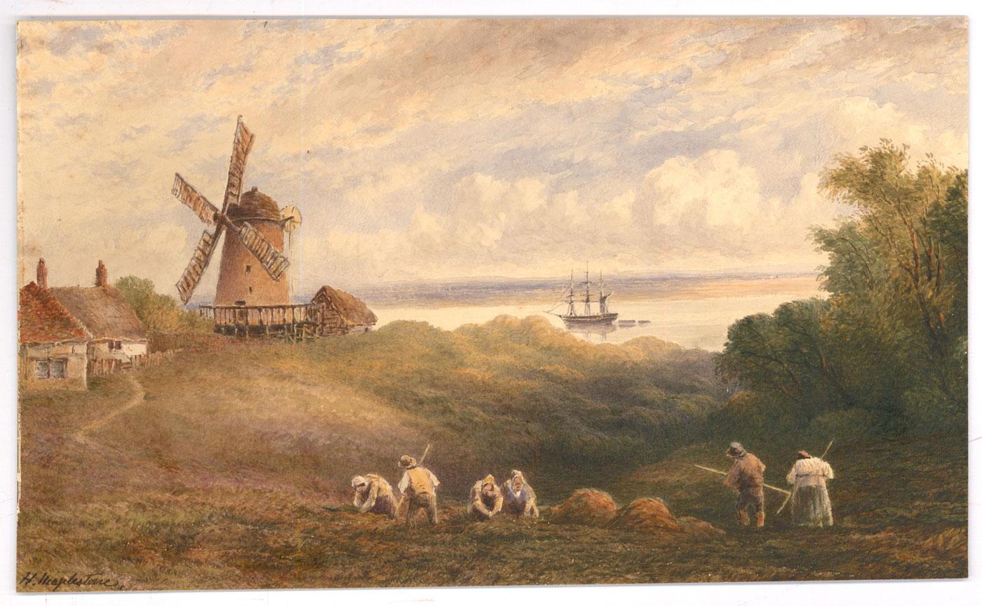 Henry Maplestone (1819-1884) - Acuarela, Trabajadores junto al molino de viento 1