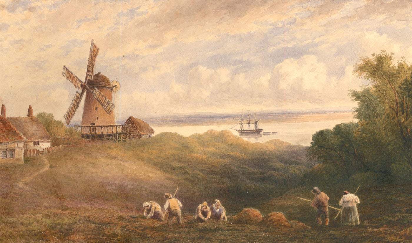 This charming Mid 19th Century watercolour depicts workers harvesting hay with scythes in a field before a windmill that looks over the estuary. Painted in fine detail. Signed to the lower right. On paper laid to thin card.

