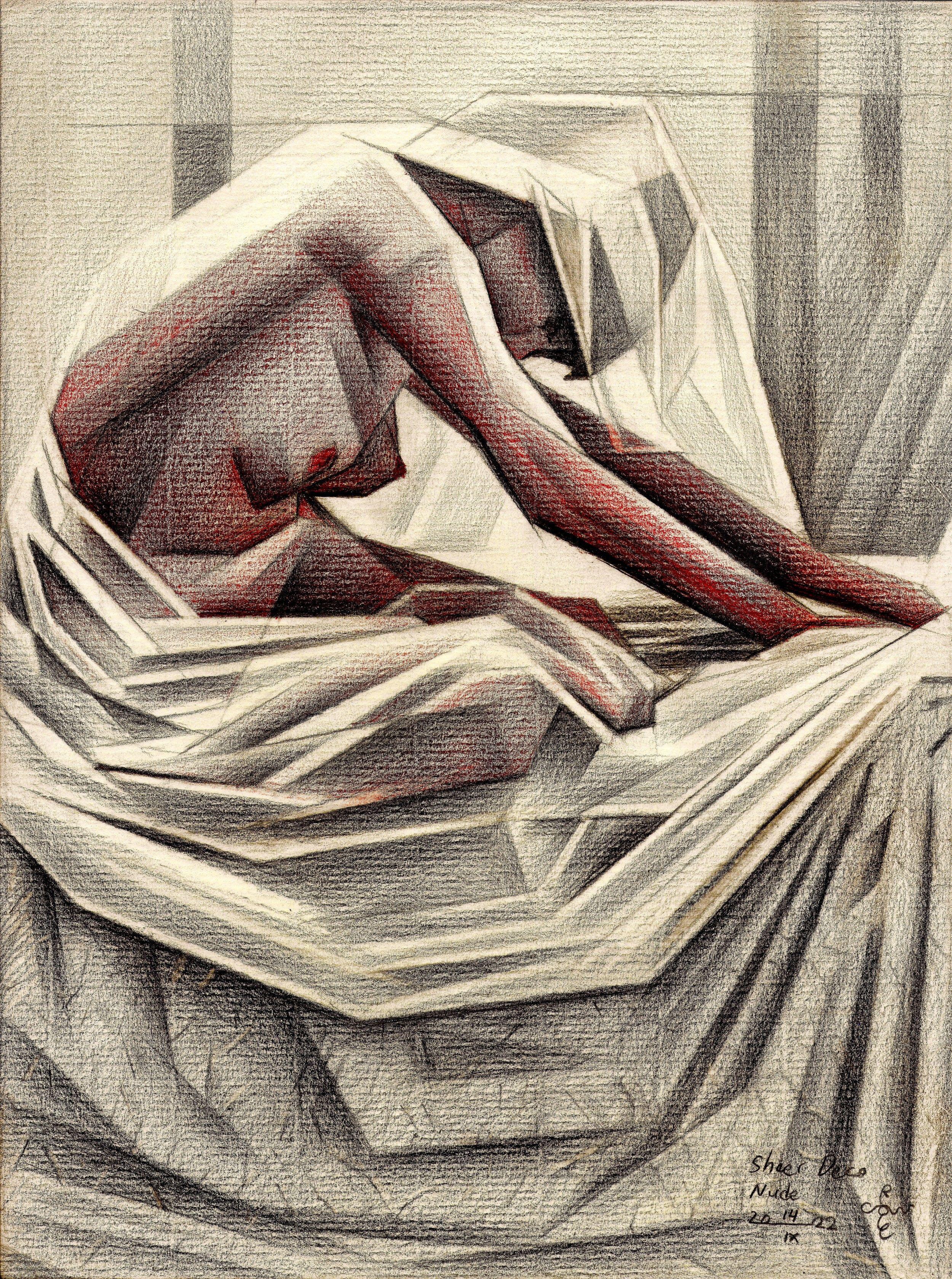 Sheer Deco Nude â€“ 14-10-22, Drawing, Pencil/Colored Pencil on Paper - Art by Corne Akkers