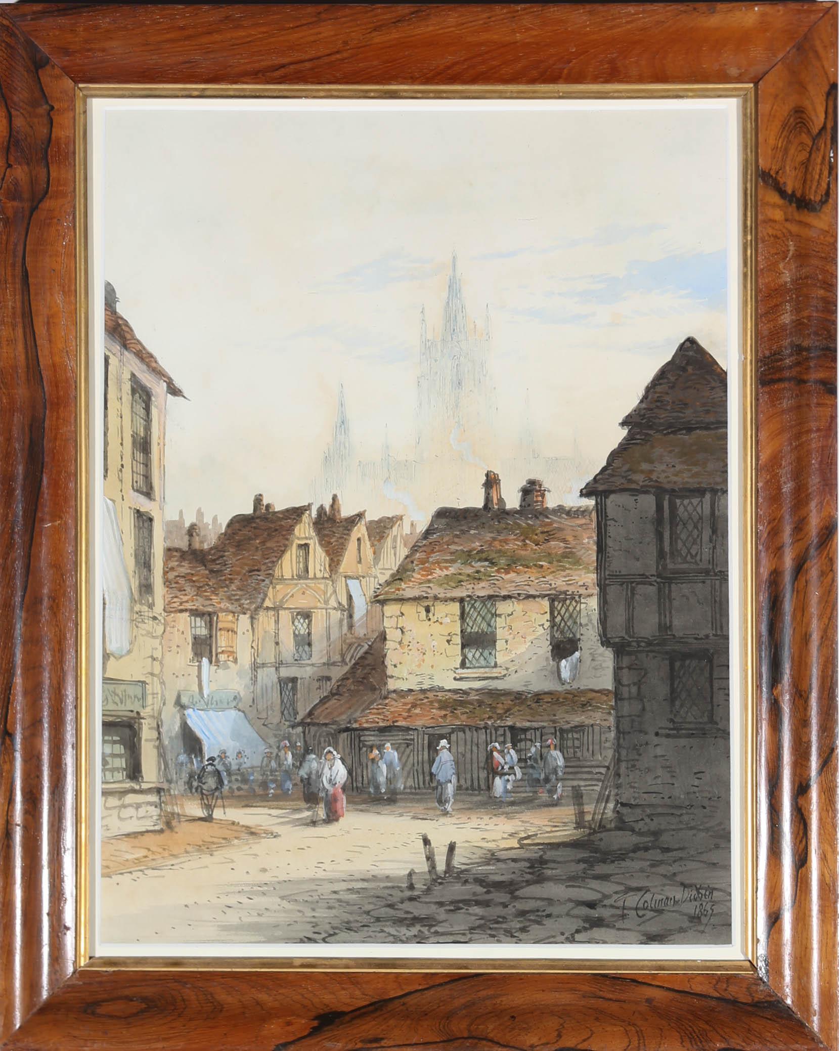 Aquarelle encadrée de 1865 représentant une scène de ville française par Thomas R. Colman Dibdin (1810-1893)
