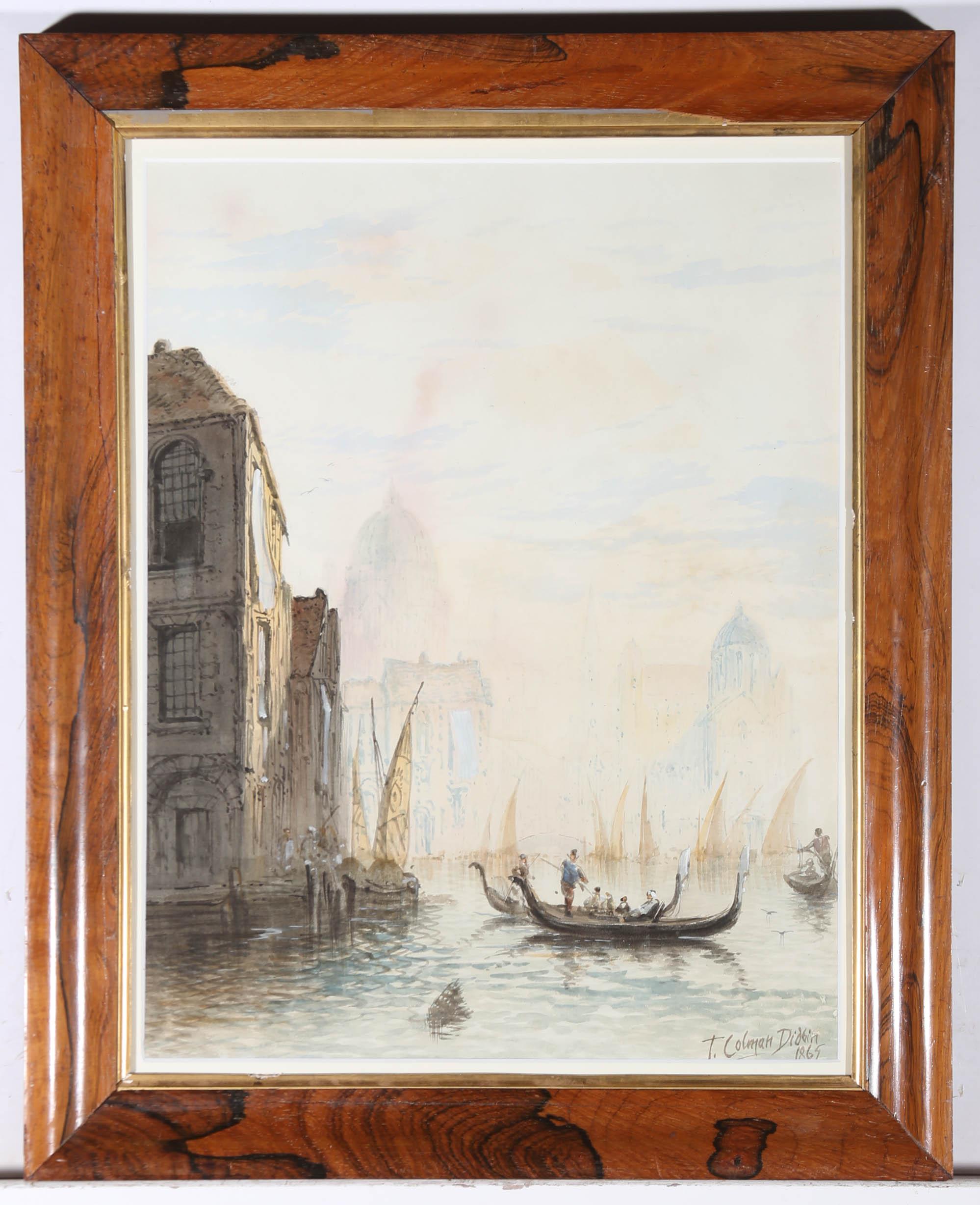 A very fine mid 19th century watercolour of gondolas on the grand canal in Venice, with shadowing church basilica in the background. The artist has signed and dated to the lower right-hand corner, and the painting is well presented in an attractive