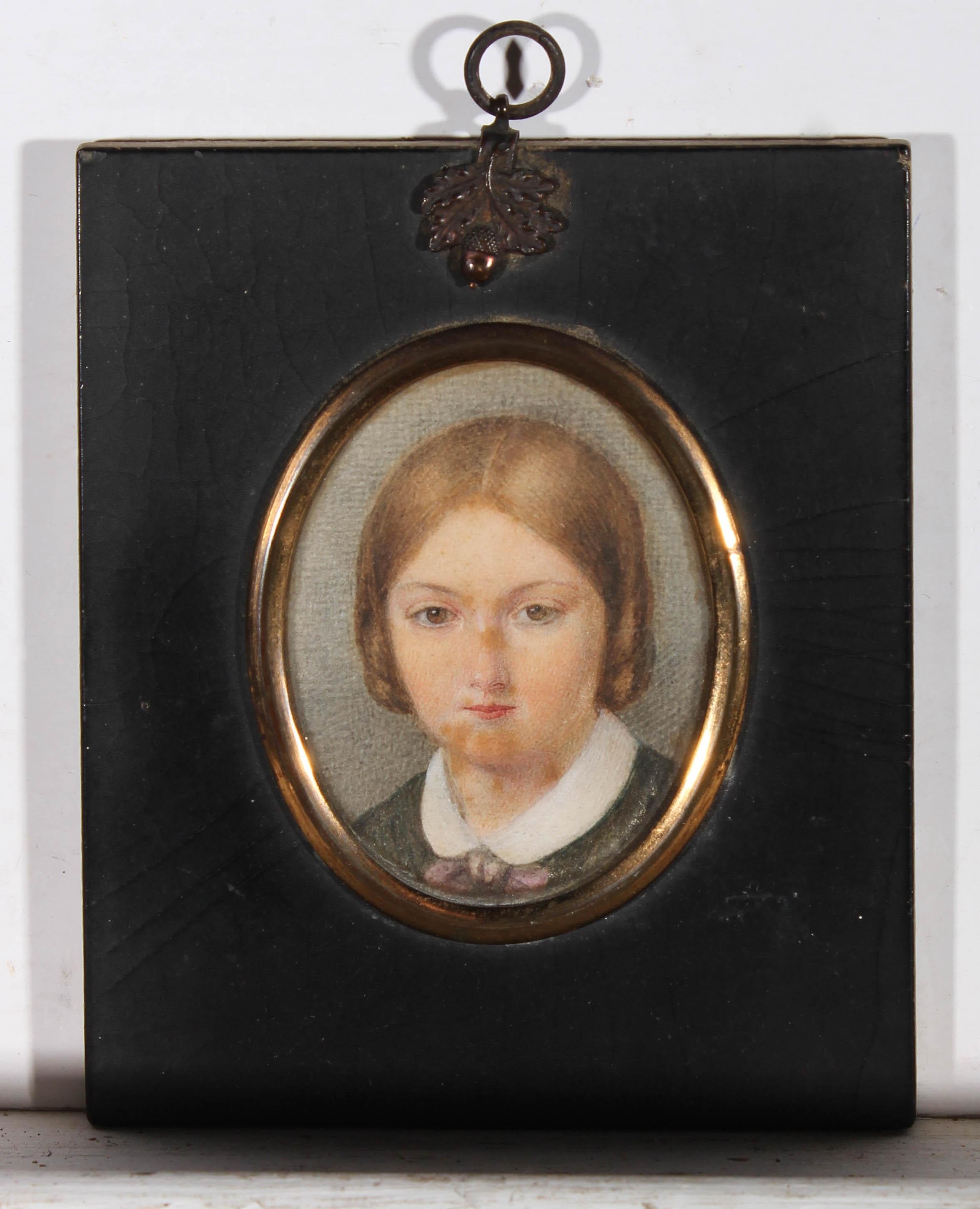 A very fine miniature portrait of Mary Knottesford Fortescue (1841-1879). Mary was the daughter of Edward Bowles Knottesford Fortescue (1816-1877), who was an English Anglican priest who, in later life converted to Catholicism.

In this portrait,