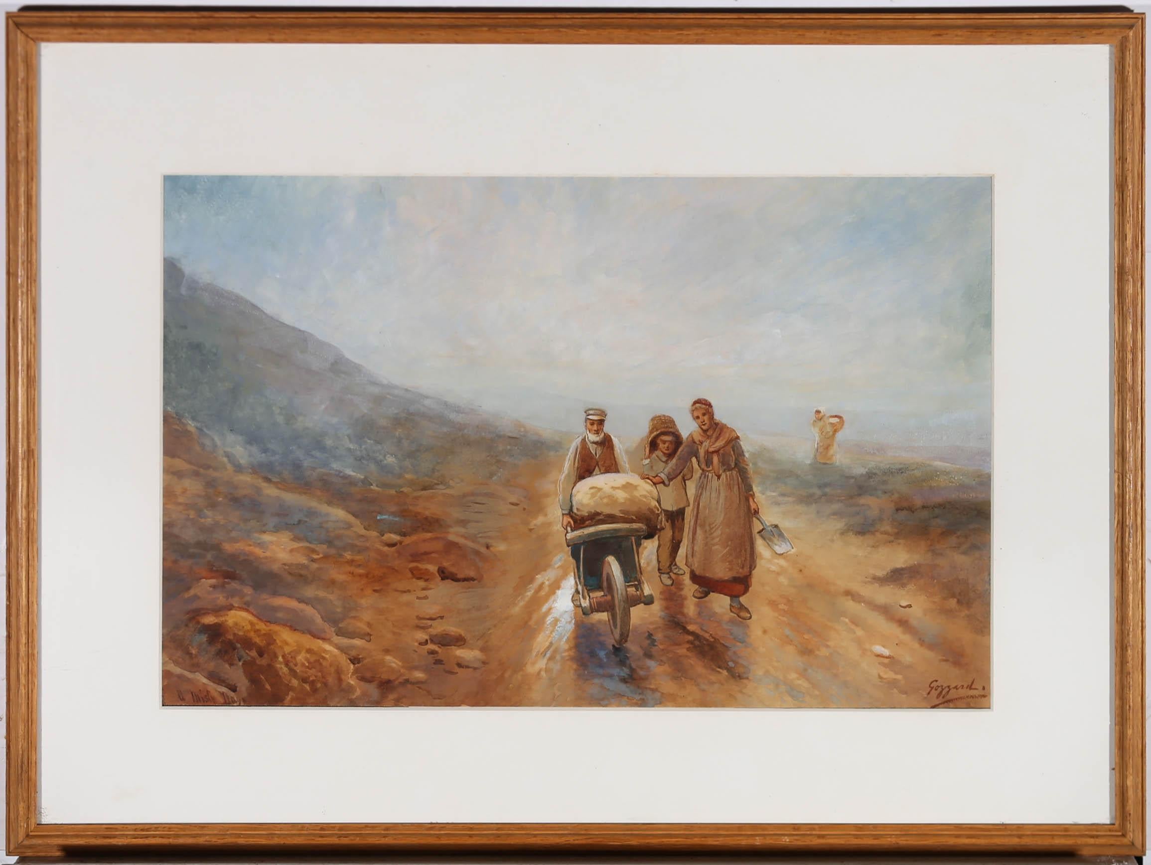 A charming watercolours scene of three figures walking along the rural path on a misty day. Signed to the lower right with the titled inscribed to the lower left. The work has also been well presented in a white mount and simple wooden frame. On