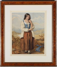 Antique Mid 19th Century Watercolour - Portrait of a Farm Girl