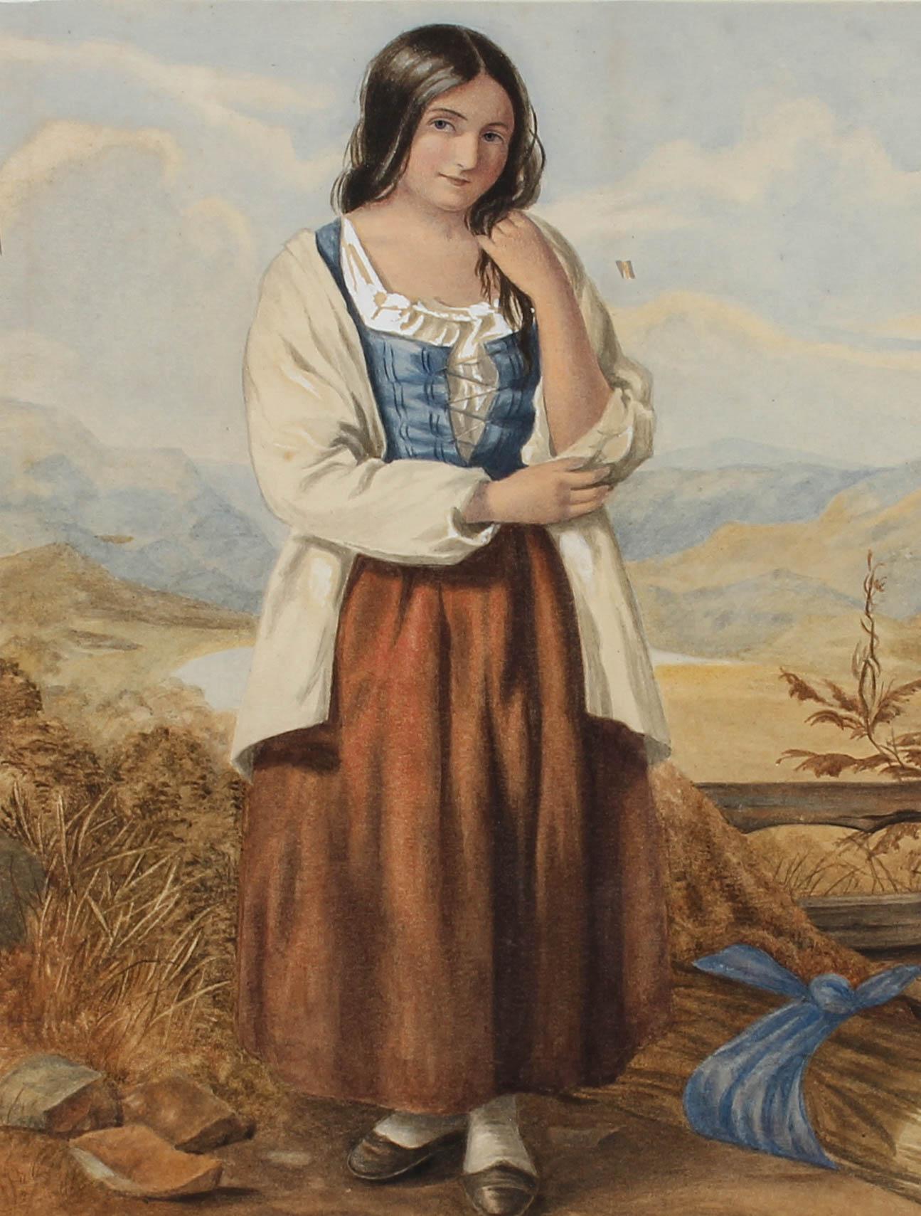 Aquarell aus der Mitte des 19. Jahrhunderts - Porträt eines Bauernmädchens – Art von Unknown