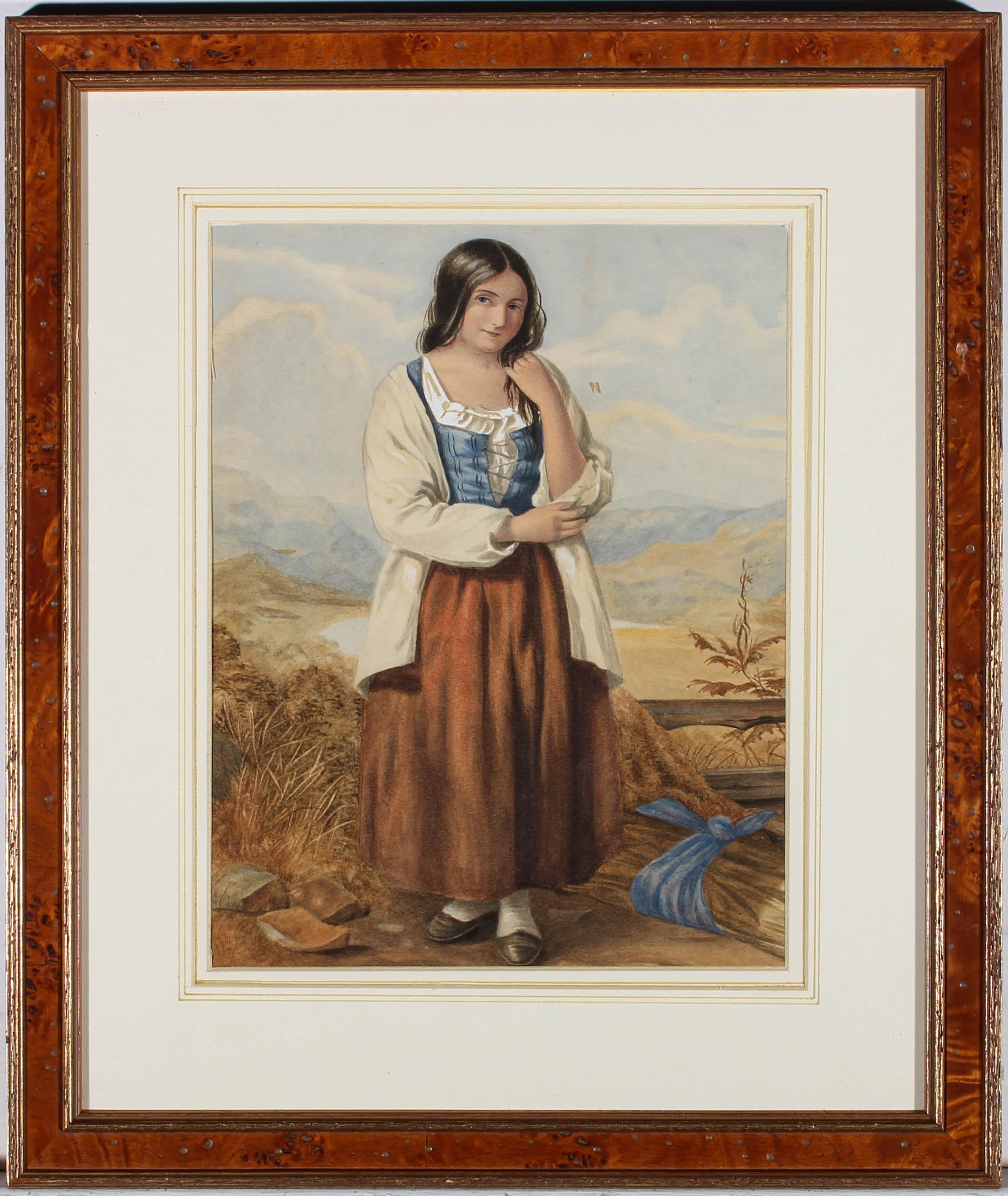 A fine mid 19th Century, English School watercolours, depicting a farm girl collecting corn. The young girl is wearing a fully length skirt, blue corset and oversized white shirt. The painting is well presented in a walnut veneer wooden frame, with