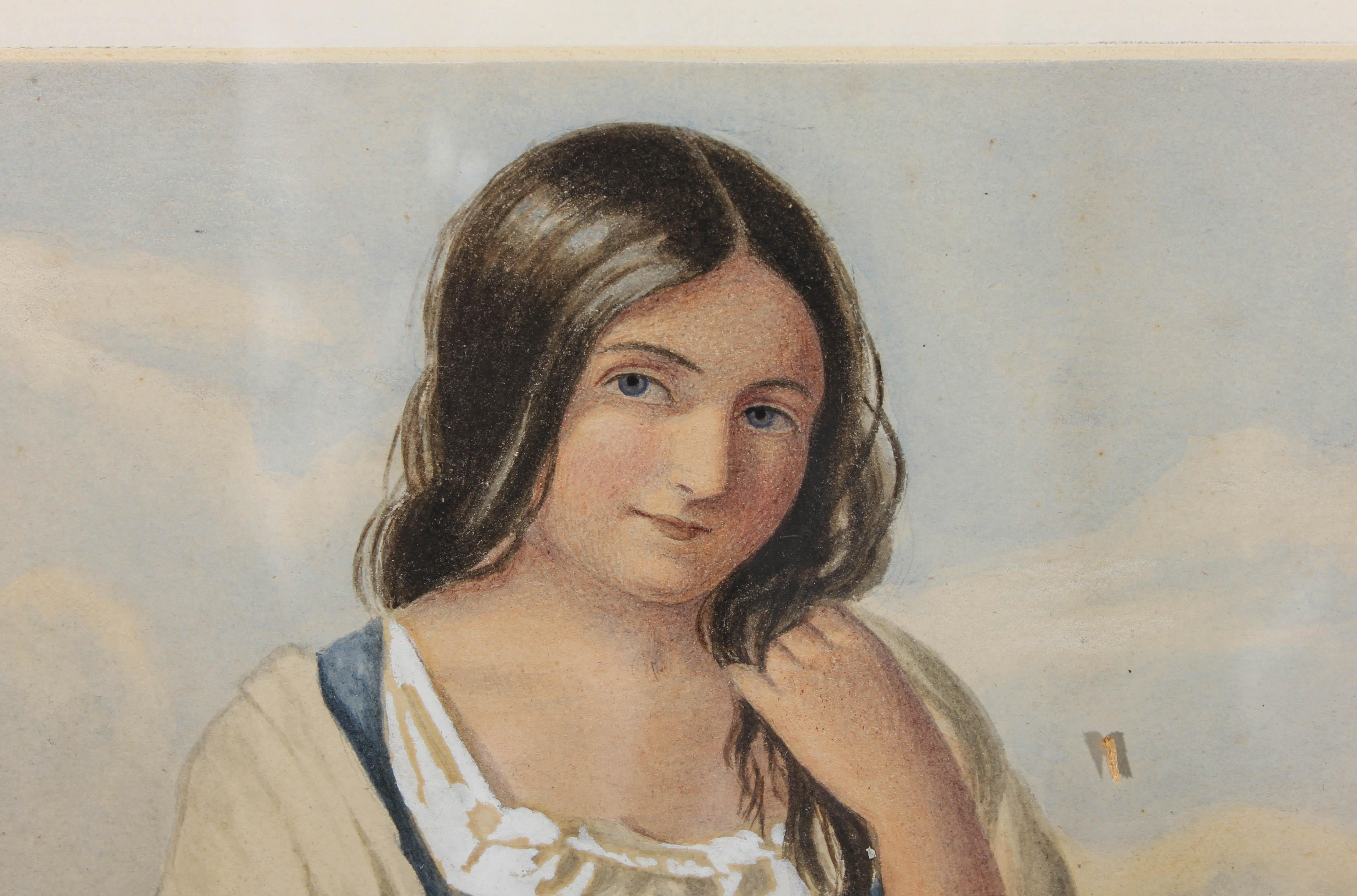 Aquarell aus der Mitte des 19. Jahrhunderts - Porträt eines Bauernmädchens im Angebot 2