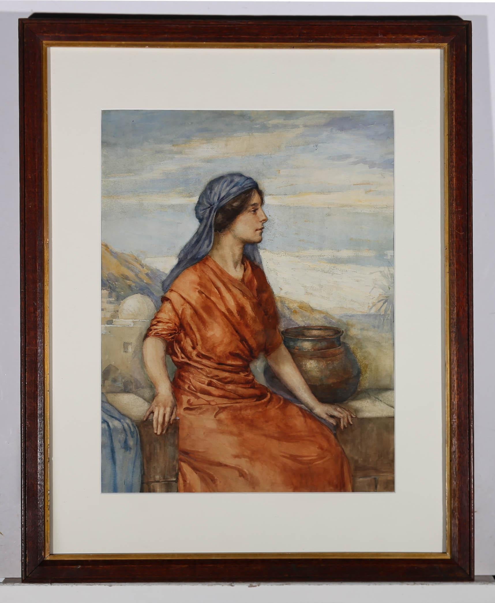 An exquisite late 19th Century watercolours portrait of a beautiful young woman in a Middle Eastern landscape, sitting with elegant poise, on a stone wall. A metal urn sits beside her with a distant view of the sea and a palm tree to the right. The