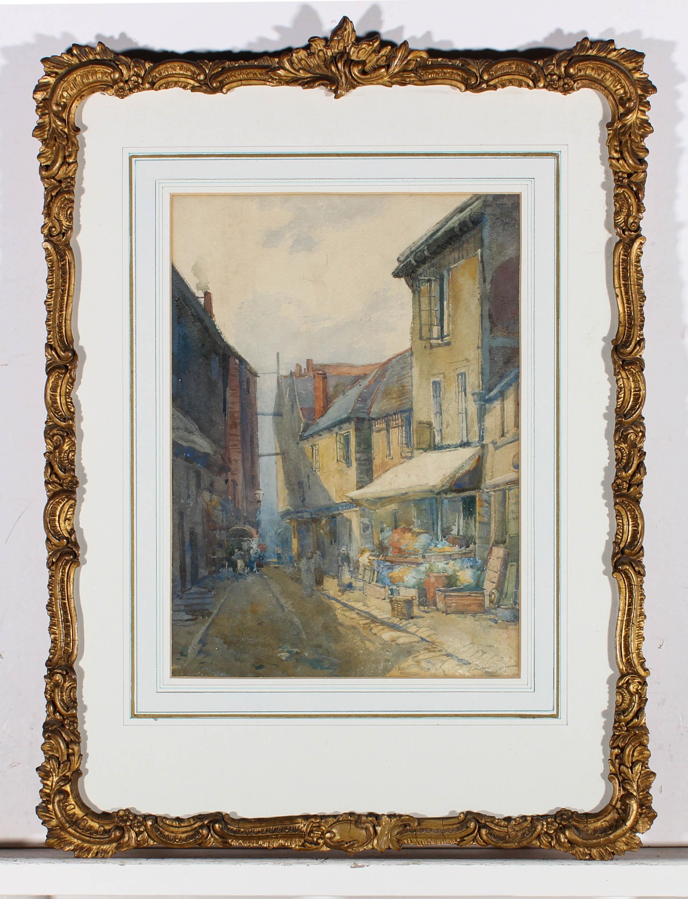 An interesting late 19th century watercolours study showing an early morning street scene. The artwork has been complete with impressive attention to all architectural details, as well as the delicate light cast by the steadily rising sun. The