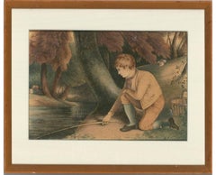 Aquarelle du XIXe siècle - pêche à la mouche