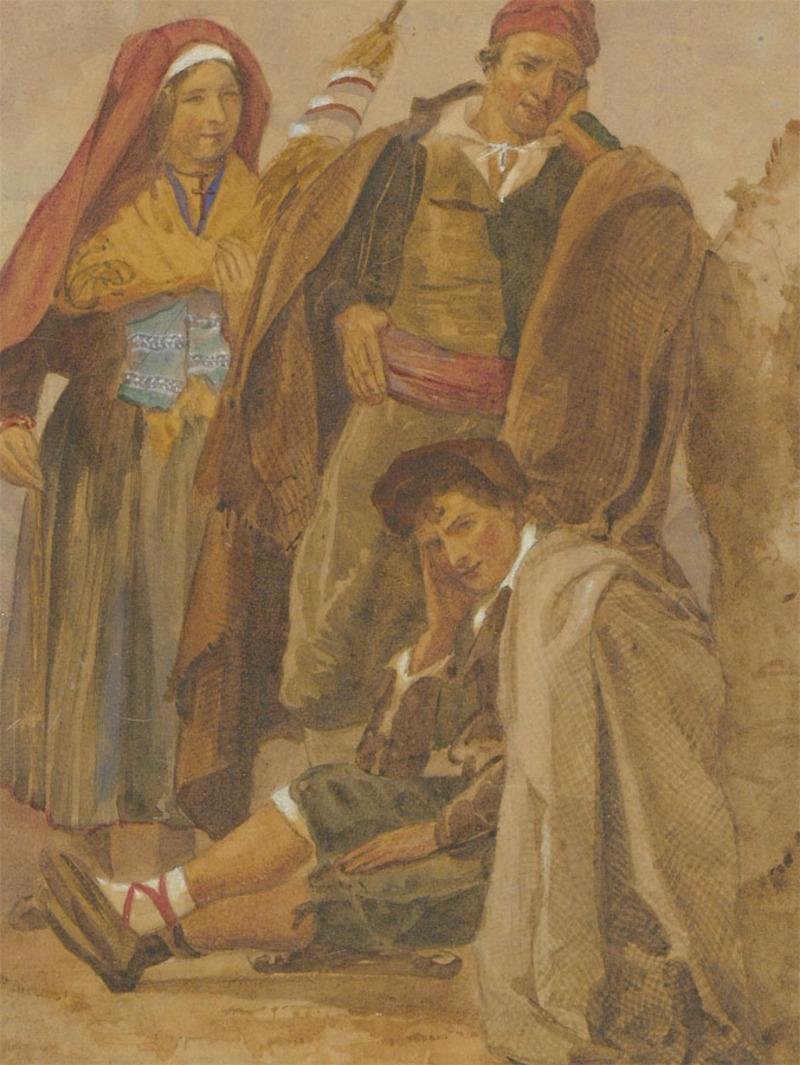 Mid 19th Century Watercolour - Italian Weavers Family - Art by Unknown