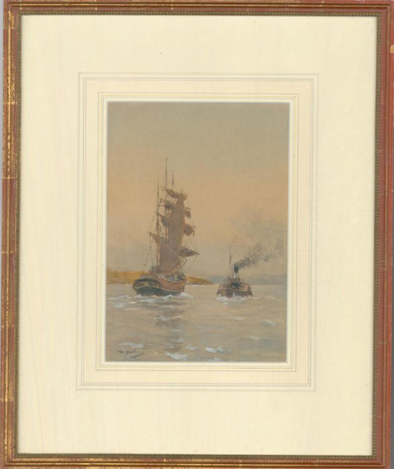 A charming watercolours scene of a boat sailing just off the coast. Signed to the lower left and well presented in a wash line mount and simple gilt frame. On wove.
