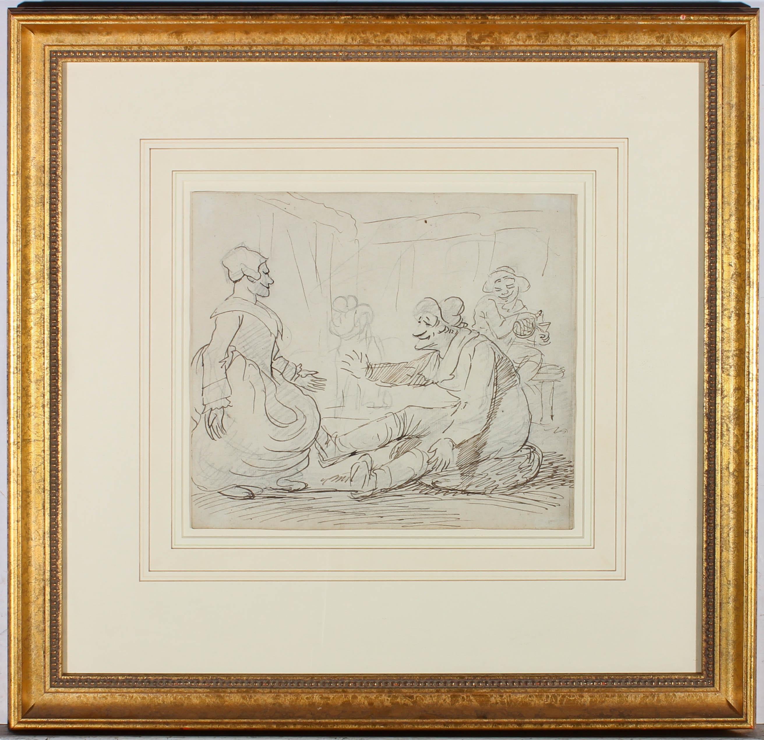 Unknown Figurative Art – Gerahmte Bleistift- und Tintenzeichnung aus dem frühen 19. Jahrhundert – Happy Tavern Drinker