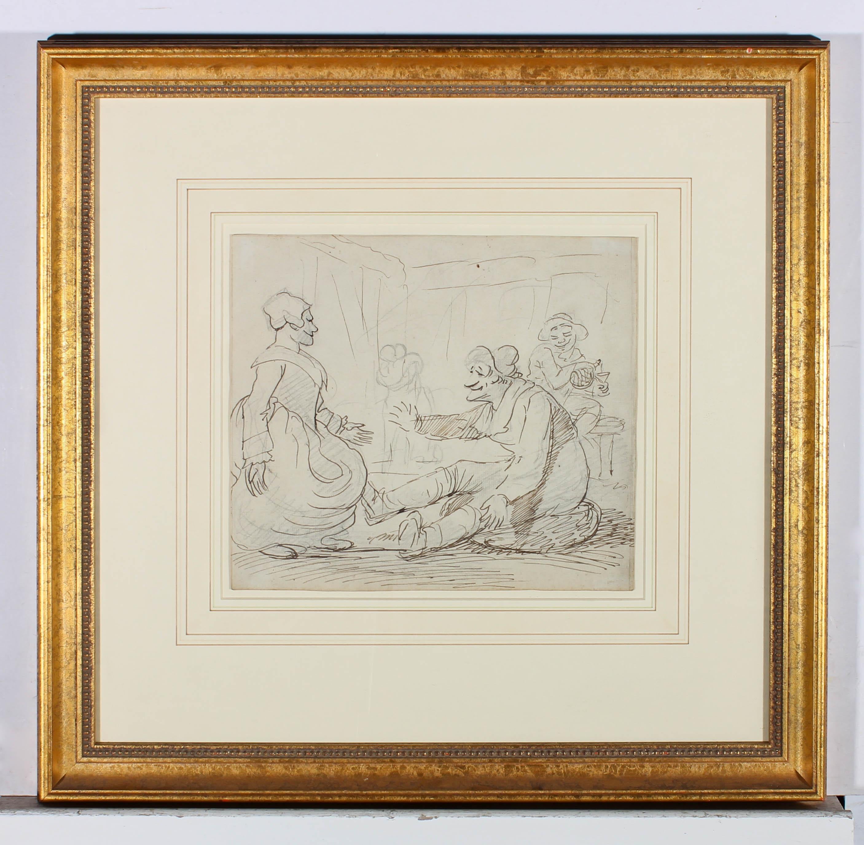 Eine witzige Tuscheskizze aus dem frühen 19. Jahrhundert, die einen betrunkenen Tavernenbesucher zeigt, der der Frau des Gastwirts zuwinkt. Die bezaubernde Illustration ist makellos in einem Passepartout mit Waschung und einem zeitgenössischen