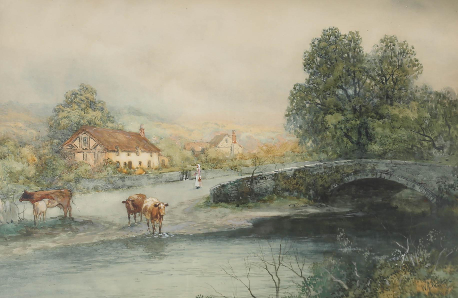 A charming early 20th Century watercolour scene showing a milk maid, carrying a stick and pail, waiting for her cows, who have stopped for a drink at a small river. The artist has signed to the lower right corner and the painting has been handsomely