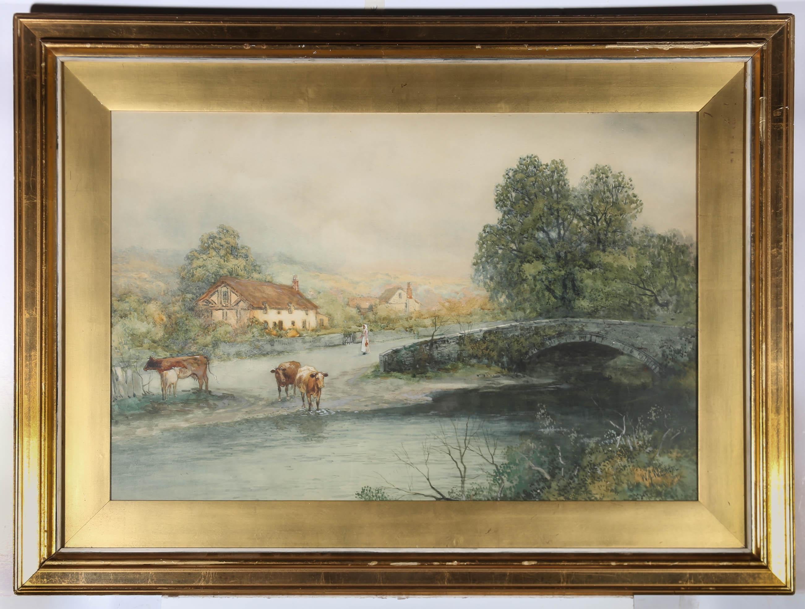 William Joseph Wadham (1863–1950) - Early 20thC Watercolour, Cows By The River For Sale 1