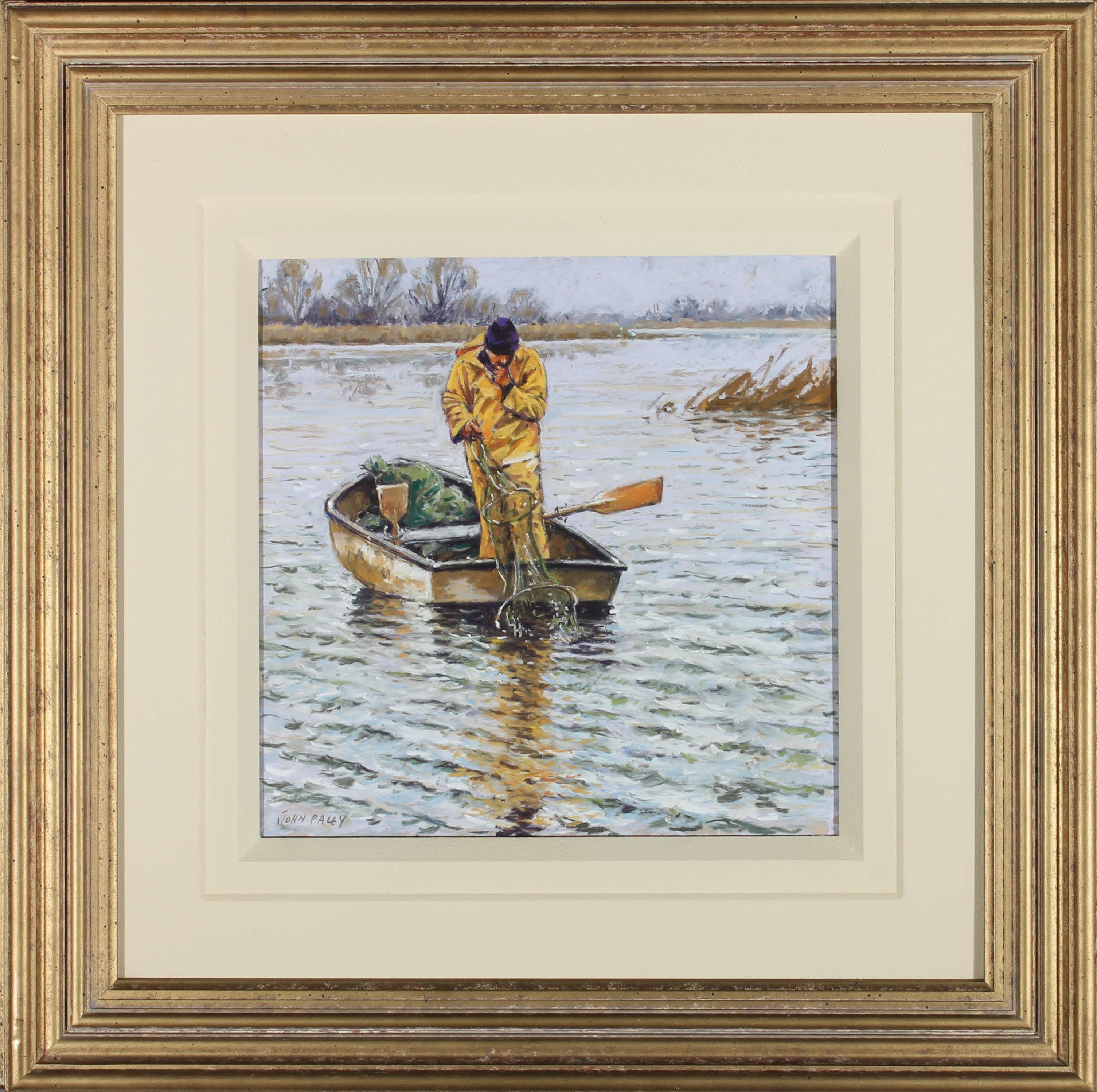 Eine realistische, zeitgenössische Pastellkomposition von John Paley, die einen Fischer darstellt, der draußen auf dem Wasser seinen Fang aus den geköderten Netzen einsammelt. Der Mann sieht neugierig aus und fragt sich, warum nichts gefangen wurde.