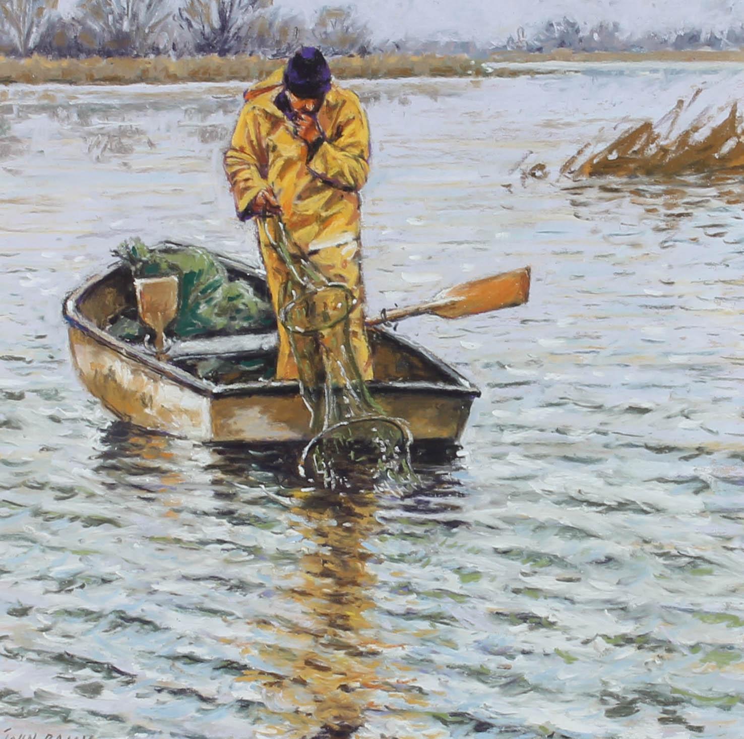 A realistic contemporary pastel composition by John Paley, depicting a fisherman outer on the water collecting his catch from baited nets. The man looks curious in his expression as to why nothing has been caught. The gentle breeze of the day is