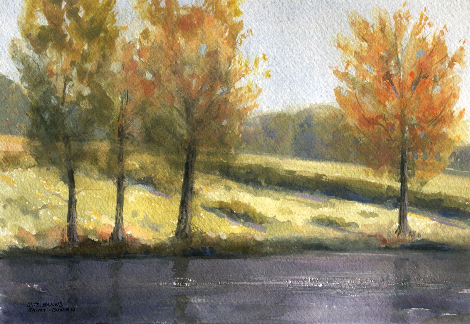 Autumn trees by the river. The fall watercolor pai, Painting, Watercolor on - Art by Gav Banns