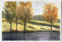 Autumn trees by the river. The fall watercolor pai, Painting, Watercolor on