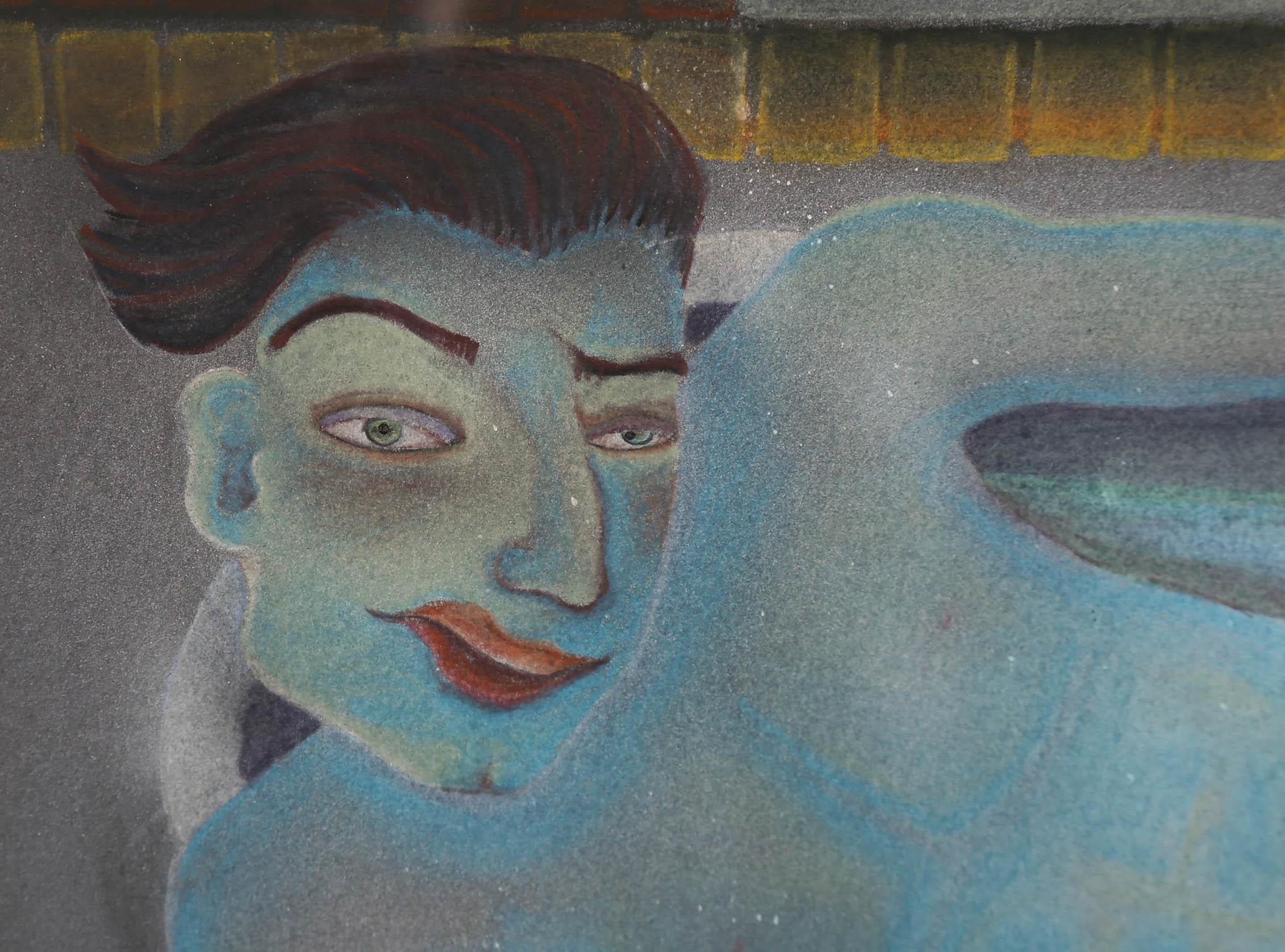 M. B. - 1994 Watercolour, Blue Man in the Blue Bath For Sale 1