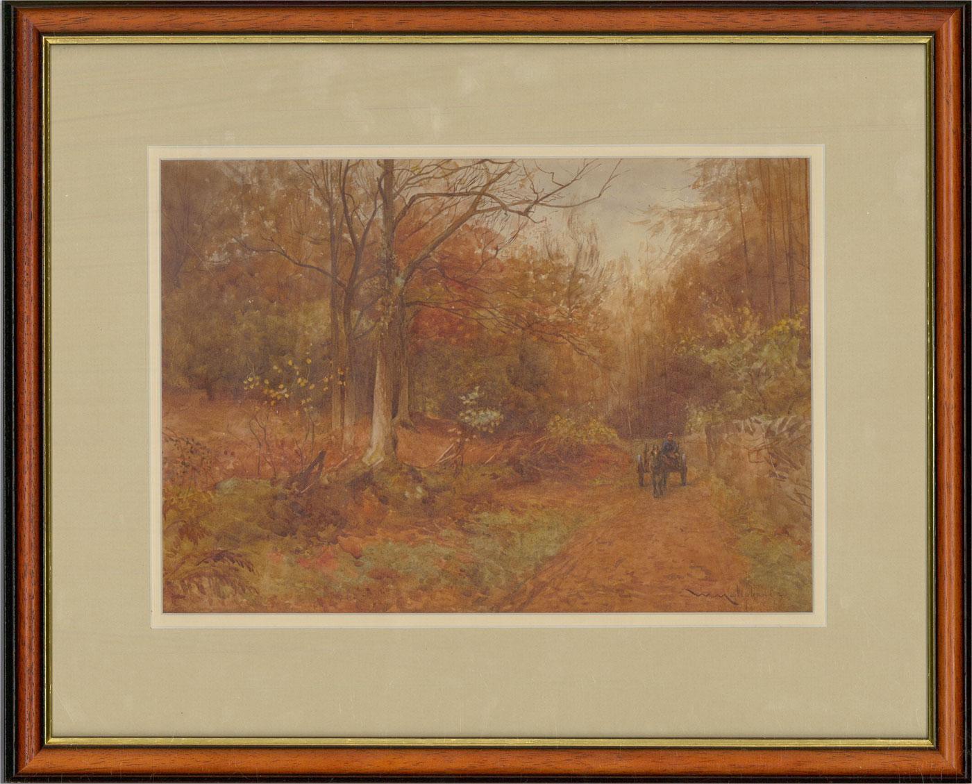 Ein charmantes Aquarell des Künstlers William Maliphant aus dem späten 19. Jahrhundert, das einen Pferdewagen auf einem Waldweg abbildet. Signiert und datiert in der rechten unteren Ecke. Gut präsentiert in einem feinen Holzrahmen mit vergoldeten