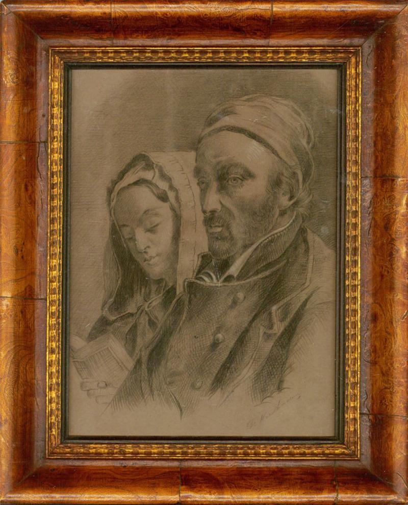 Unknown Portrait - Mid 19th Century Charcoal Drawing - Man And Wife Travelling