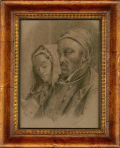 Mid 19th Century Charcoal Drawing - Man And Wife Travelling