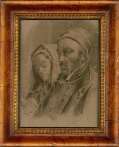 Dibujo a carboncillo de mediados del siglo XIX - Hombre y mujer de viaje