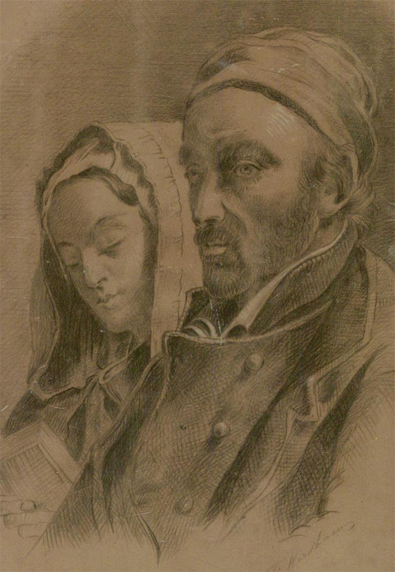 Mid 19th Century Charcoal Drawing - Man And Wife Travelling - Brown Portrait by Unknown