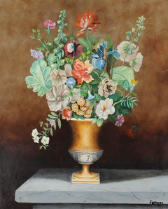 Freeman, huile du 20e siècle encadrée, fleurs élégantes dans une urne dorée